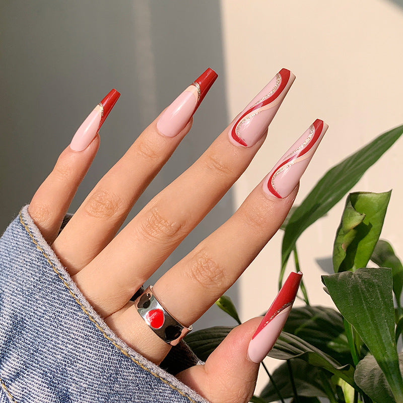 Wave Long Nail Tip Red and Gold Set