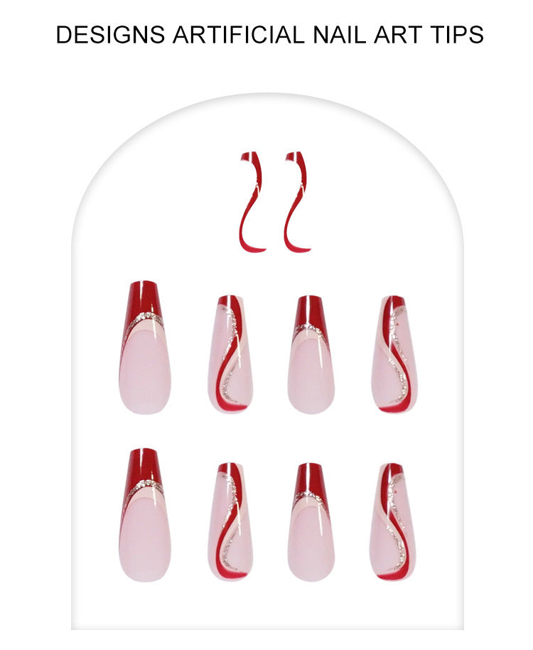 Wave Long Nail Tip Red and Gold Set